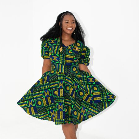 Puff Sleeve Wax Print Dress